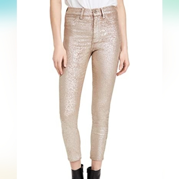 7 For All Mankind Ankle Skinny Velvet Jeans Metallic Gold - Picture 1 of 12